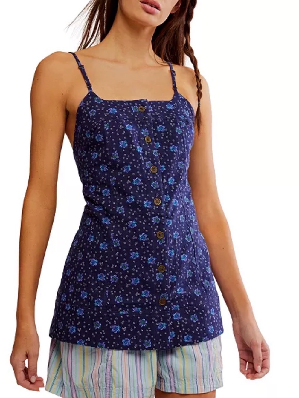 Free People Medium Navy Blue Floral Button-Front Cami Tank Top